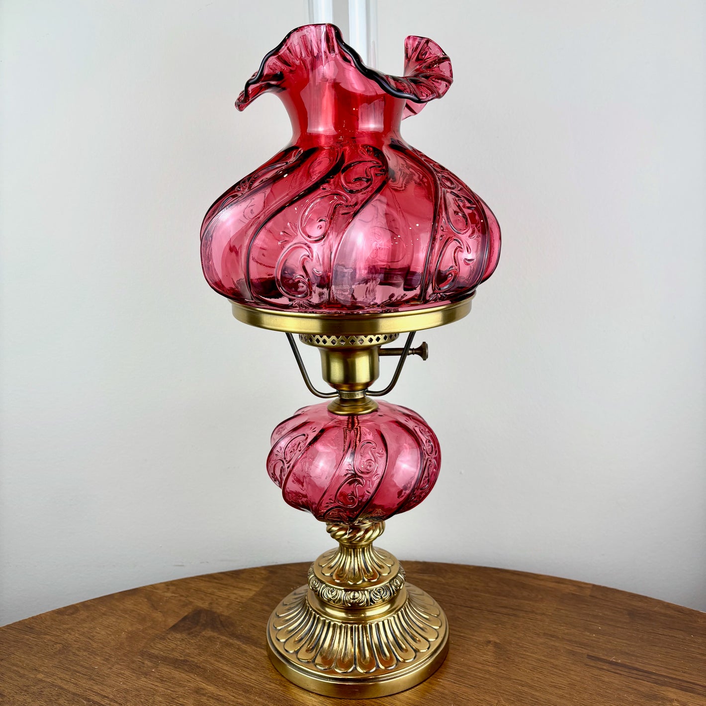 Vintage Fenton Cranberry Paisley Glass Hurricane Lamp