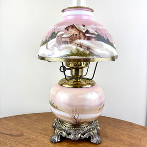 Antique Pink Scenic Home People Milk Glass Hurricane Lamp