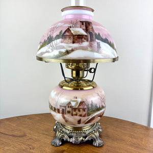 Antique Pink Scenic Home People Milk Glass Hurricane Lamp