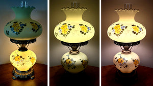 Vintage Hand Painted Milk Glass Yellow Blue Florals Hurricane Lamp