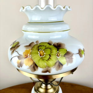 Vintage Hand Painted White Milk Glass Green Orange Floral Hurricane Table Lamp