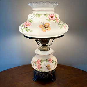 Vintage Butterfly Pink Floral Milk Glass Hurricane Lamp | Vintage Lamp