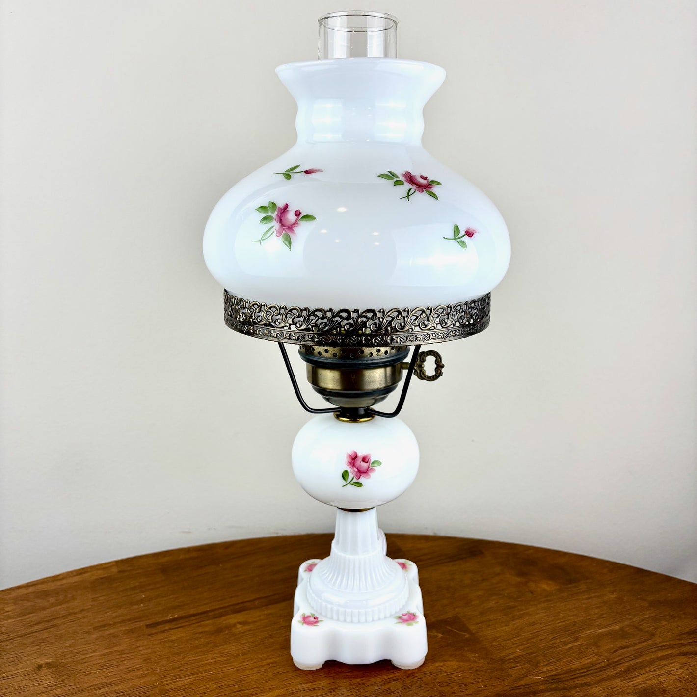 Vintage Pink Rose Floral Milk Glass Hurricane Lamp | Vintage Lamp