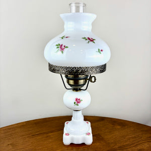 Vintage Pink Rose Floral Milk Glass Hurricane Lamp | Vintage Lamp