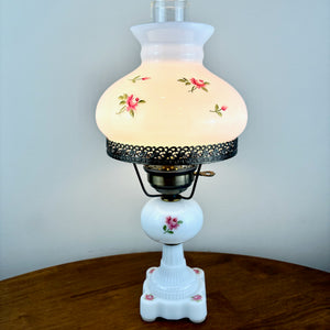 Vintage Pink Rose Floral Milk Glass Hurricane Lamp | Vintage Lamp