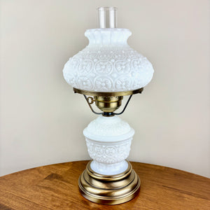 Vintage Embossed Floral Dot Milk Glass Hurricane Lamp
