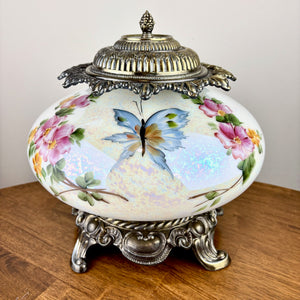 Vintage Opalescent Luster Blue Butterfly Pink Yellow Floral Glass Nightlight Lamp