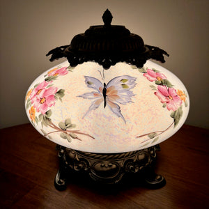 Vintage Opalescent Luster Blue Butterfly Pink Yellow Floral Glass Nightlight Lamp