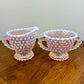 Vintage Duncan & Miller Pink Opalescent Hobnail Glass Creamer and Sugar Set