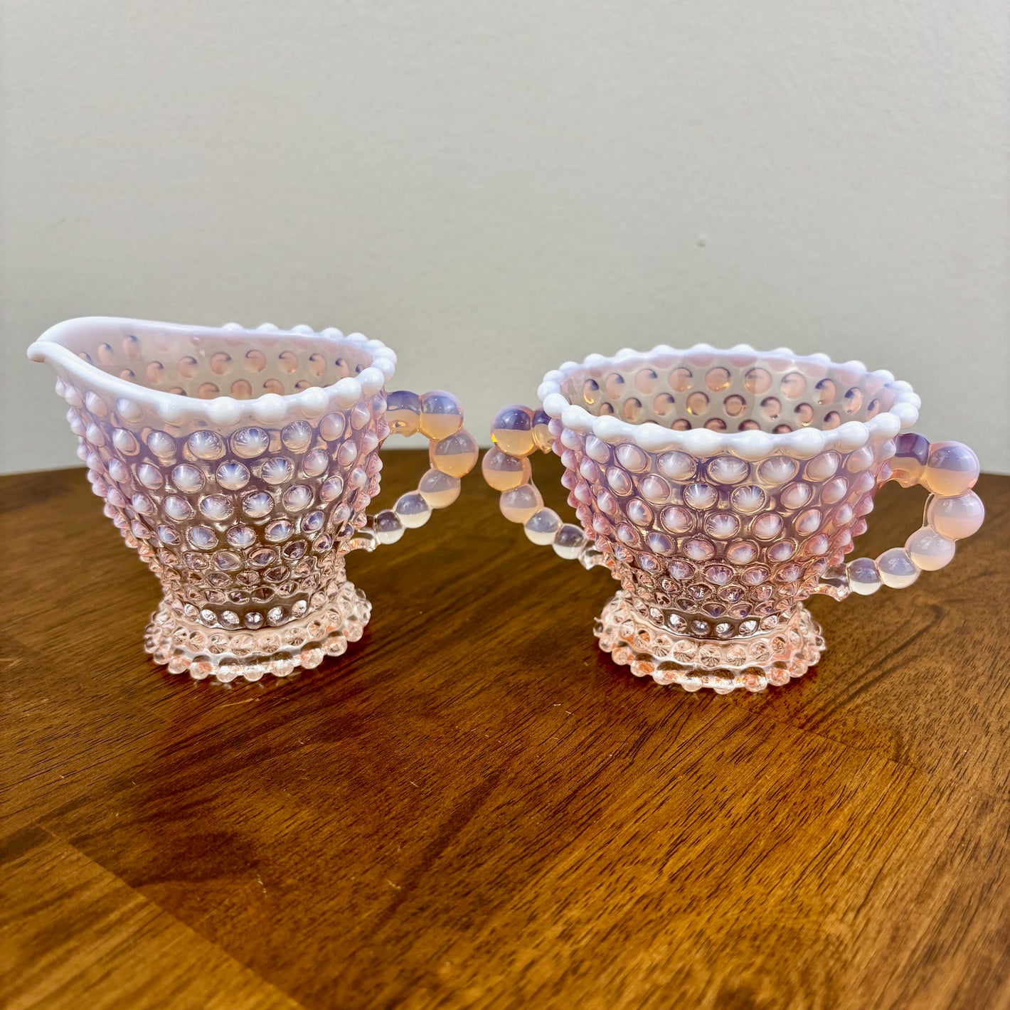 Vintage Duncan & Miller Pink Opalescent Hobnail Glass Creamer and Sugar Set