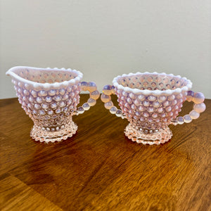 Vintage Duncan & Miller Pink Opalescent Hobnail Glass Creamer and Sugar Set