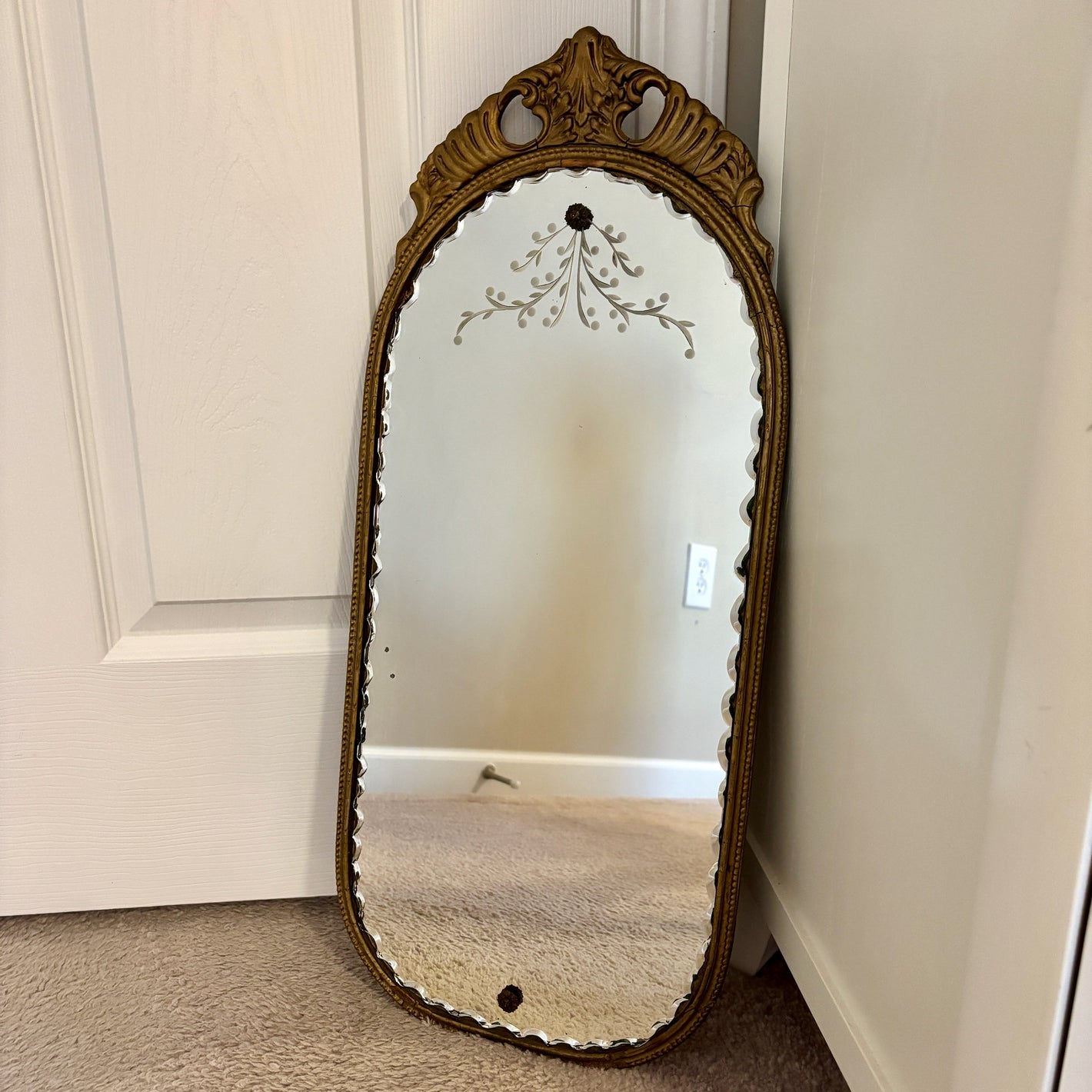 Antique July 8, 1930 Etched Leaves Dots Scalloped Glass Mirror | Vintage Mirror