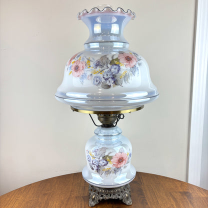 Vintage Blue Luster Blue Pink Floral Hurricane Lamp | Vintage Lamp