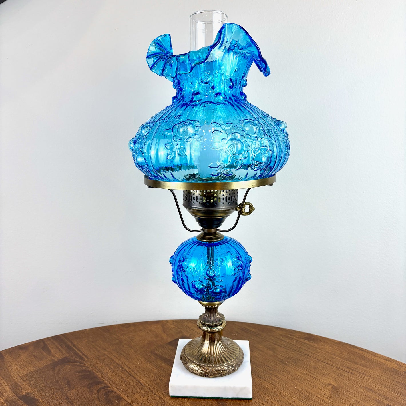 Vintage Fenton Colonial Blue Cabbage Rose Glass Hurricane Lamp | Vintage Lamp