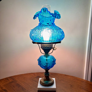 Vintage Fenton Colonial Blue Cabbage Rose Glass Hurricane Lamp | Vintage Lamp