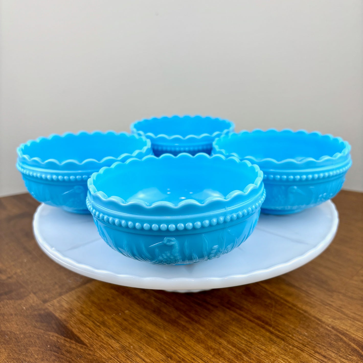 Vintage L.G. Wright Stork In Rushes Blue Milk Glass Bowls (Set of 4)