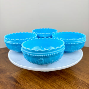 Vintage L.G. Wright Stork In Rushes Blue Milk Glass Bowls (Set of 4)