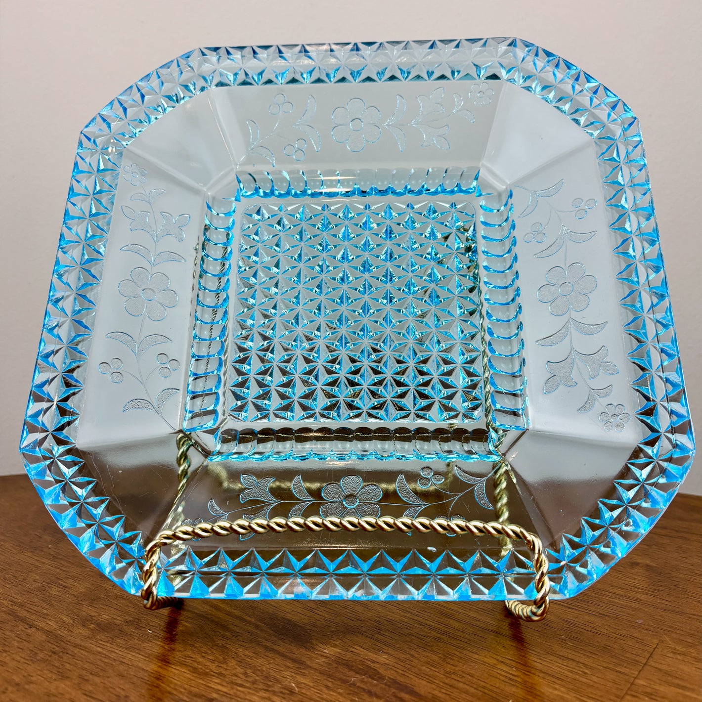 Antique Adams & Co Wildflower Blue Square Plate | EAPG Antique Glass