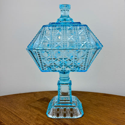 Antique Adams & Co Blue Valencia Waffle High Compote Lidded | EAPG Antique Glass