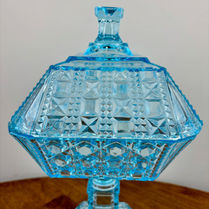 Antique Adams & Co Blue Valencia Waffle High Compote Lidded | EAPG Antique Glass