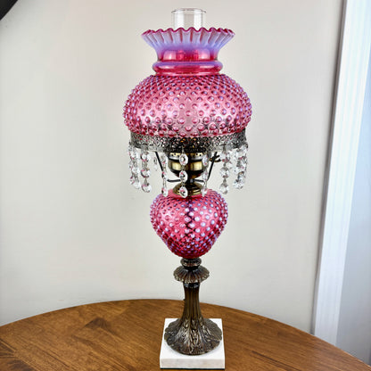 Vintage Fenton Cranberry Opalescent Hobnail Hurricane Lamp Marble Base Crystal Prism