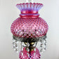 Vintage Fenton Cranberry Opalescent Hobnail Hurricane Lamp Marble Base Crystal Prism