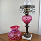 Vintage Fenton Cranberry Opalescent Hobnail Hurricane Lamp Marble Base Crystal Prism