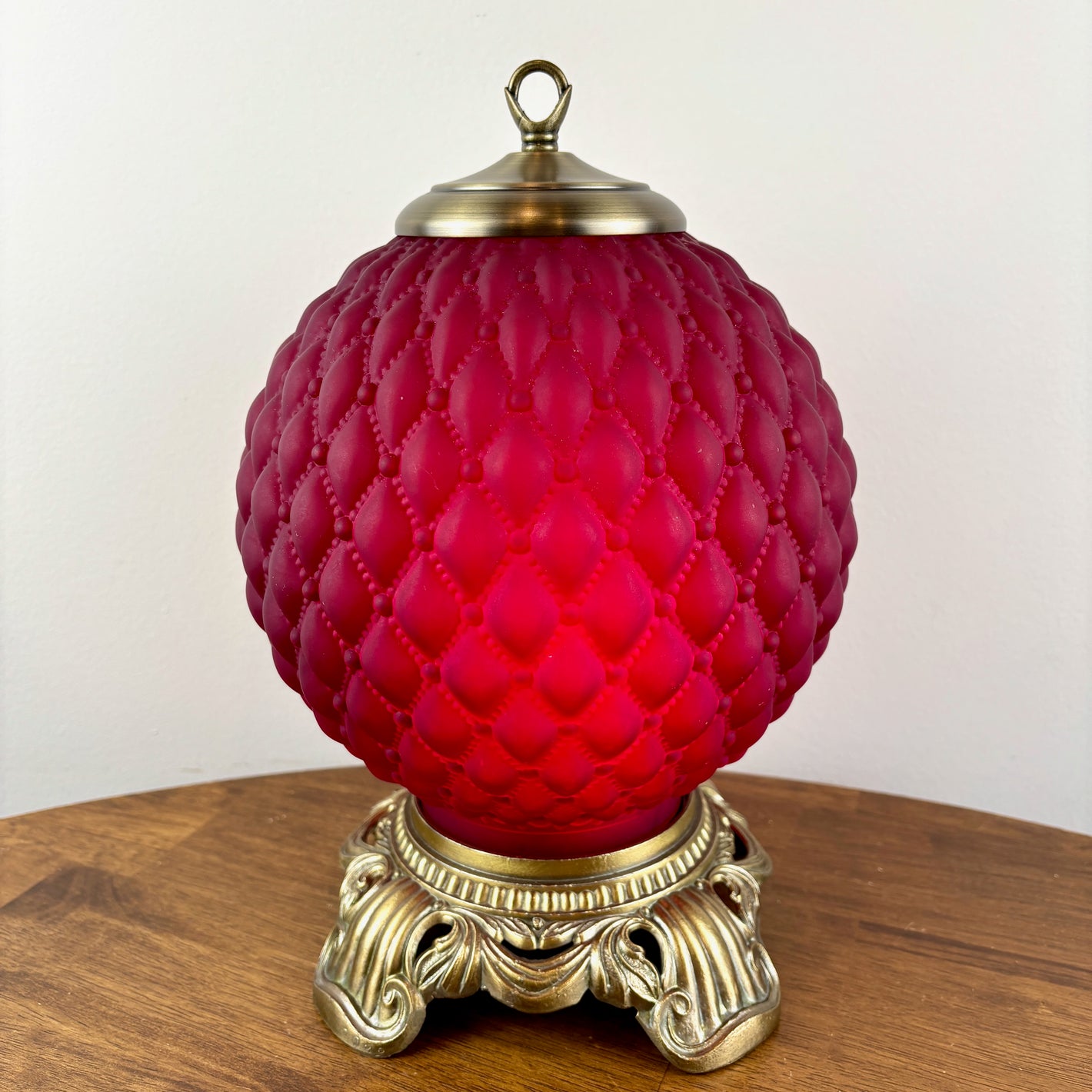 Vintage Ruby Red Satin Diamond Quilt Glass Nightlight Lamp