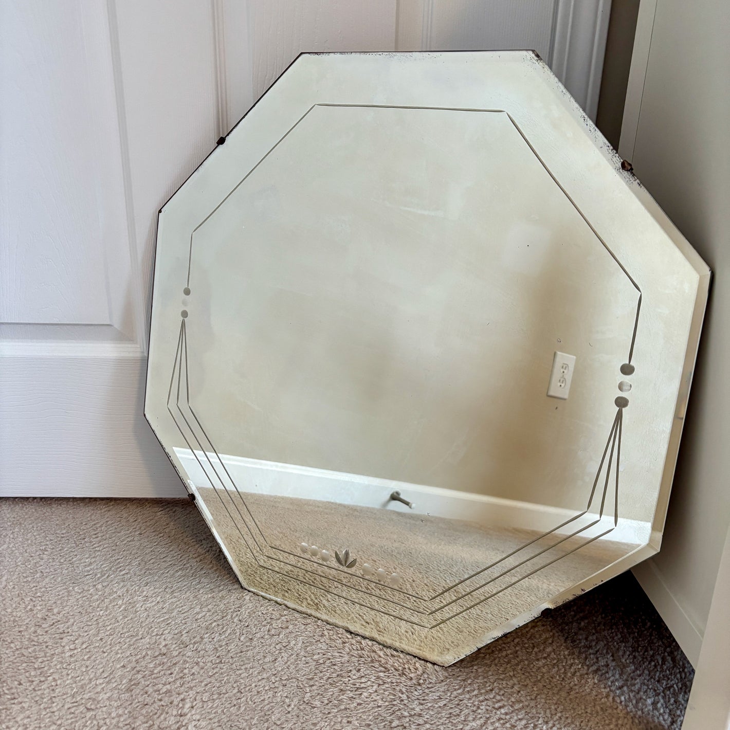 Vintage Etched Floral Dot Frameless Beveled Octagon Wall Mirror 24" | Vintage Mirror