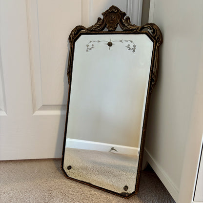 Art Deco Etched Floral Dot Leaves Beveled Glass Ornate Wood Frame Wall Mirror 26"