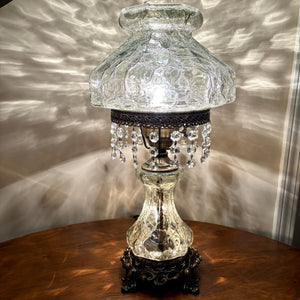Vintage Light Gray Crackle Glass Hurricane Lamp With Crystal Prisms