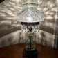 Vintage Light Gray Crackle Glass Hurricane Lamp With Crystal Prisms