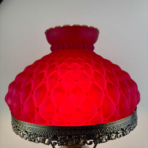 Vintage Ruby Red Satin Diamond Quilt Glass Hurricane Lamp Shade 10" Fitter