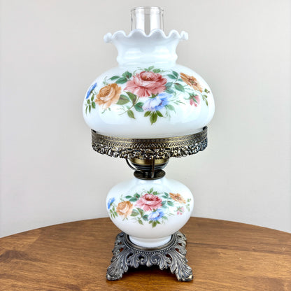 Vintage Pinkish Red Blue Floral Milk Glass Hurricane Lamp | Vintage Lamp