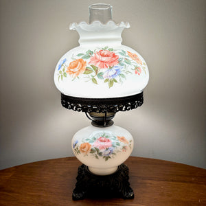Vintage Pinkish Red Blue Floral Milk Glass Hurricane Lamp | Vintage Lamp