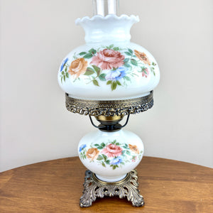 Vintage Pinkish Red Blue Floral Milk Glass Hurricane Lamp | Vintage Lamp