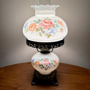 Vintage Pinkish Red Blue Floral Milk Glass Hurricane Lamp | Vintage Lamp