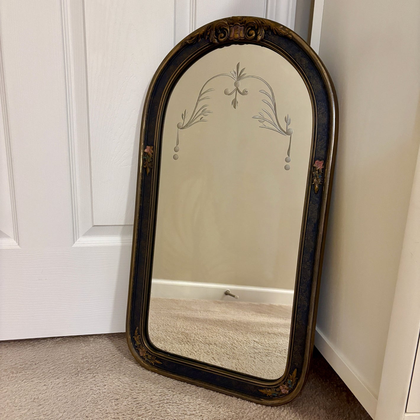 Antique August 10, 1927 Dots Leaves Etched Glass Ornate Wood Frame Wall Mirror