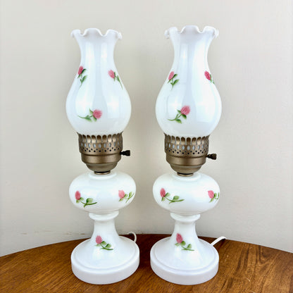 Pair Vintage Pink Floral Milk Glass Lamps 15.25" Each | Vintage Lamps