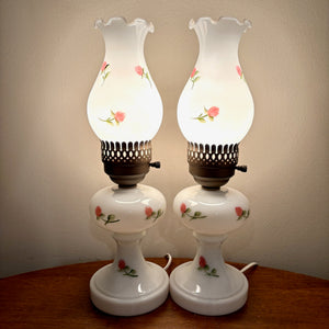 Pair Vintage Pink Floral Milk Glass Lamps 15.25" Each | Vintage Lamps