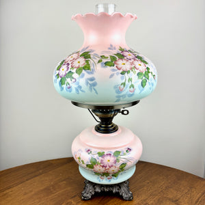 Vintage Pink Purple Floral Milk Glass Hurricane Lamp