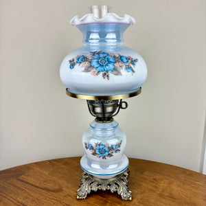 Vintage Blue Luster Blue Pink Floral Hurricane Lamp 16.75"