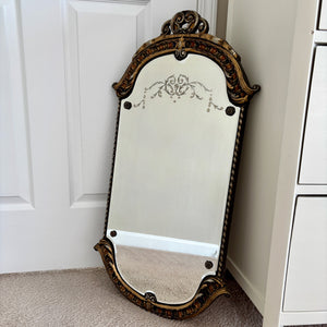 Antique July 16, 1928 Dots Leaves Etched Glass Ornate Wood Frame Wall Mirror