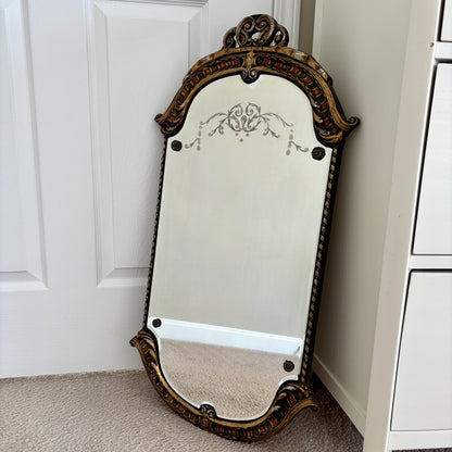 Antique July 16, 1928 Etched Glass Ornate Wood Frame Wall Mirror | Vintage Mirror