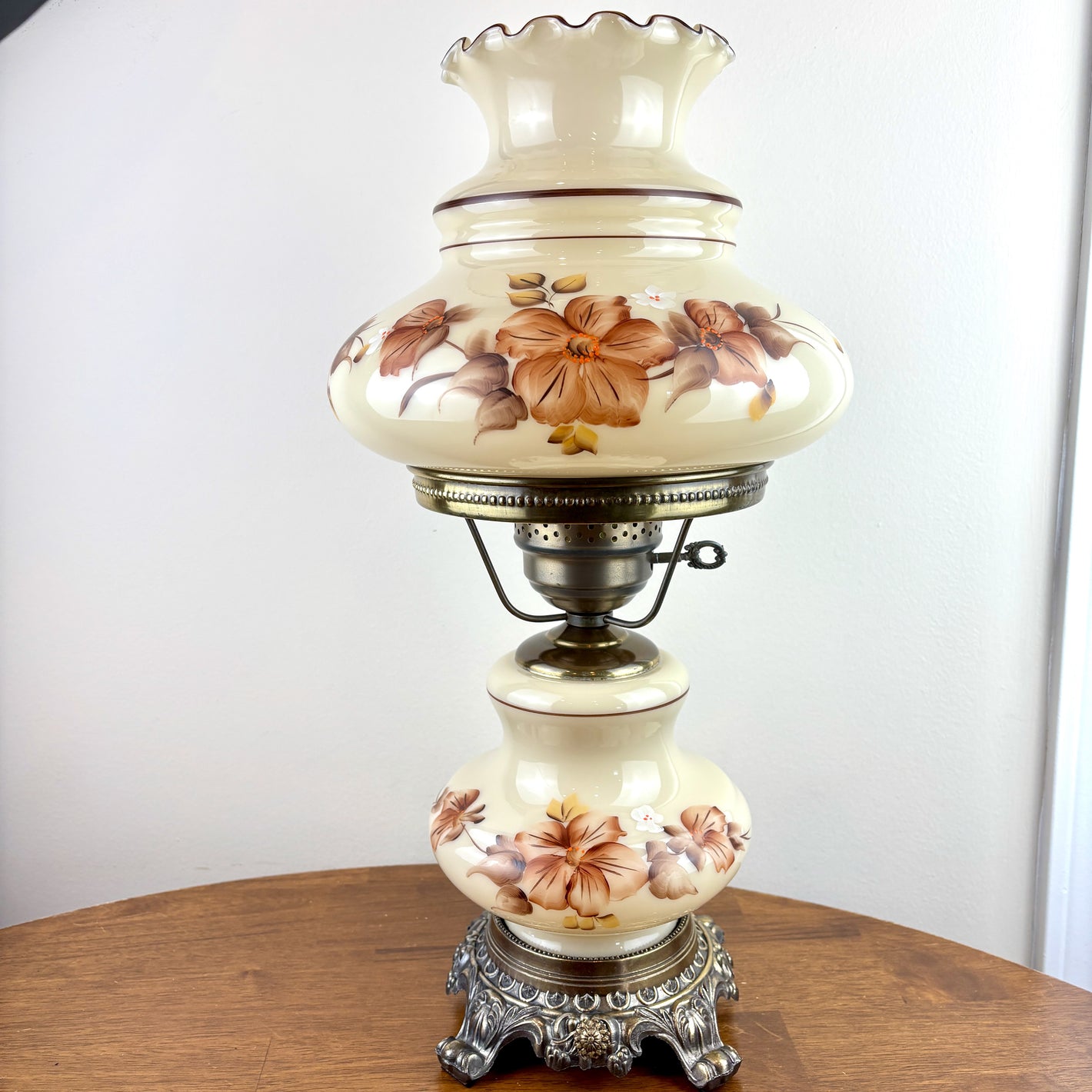 Vintage Brown Floral Tan Glass Hurricane Lamp | Vintage Lamp