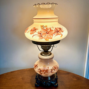 Vintage Brown Floral Tan Glass Hurricane Lamp