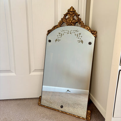 Art Deco October 8, 1932 Floral Dot Leaves Etched Glass Ornate Frame Wall Mirror