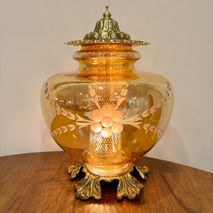 Vintage Amber Luster Etched Floral Glass Nightlight Lamp
