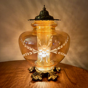 Vintage Amber Luster Etched Floral Glass Nightlight Lamp