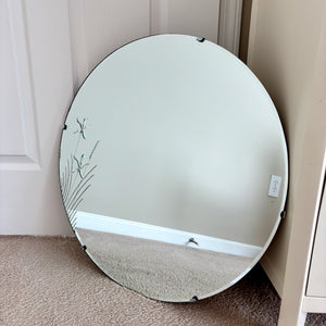 Vintage June 1947 Frameless Beveled Floral Etched Round Wall Mirror 23.75"
